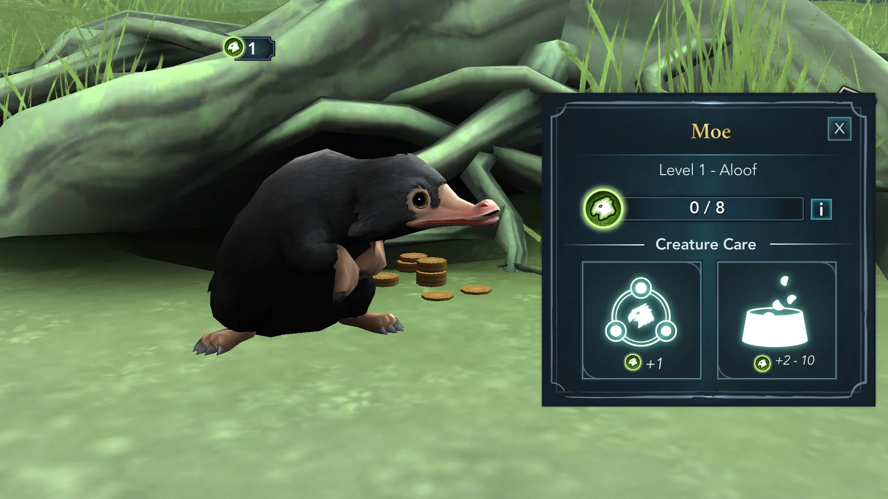 Work-in-progress creature hub screen with care panel