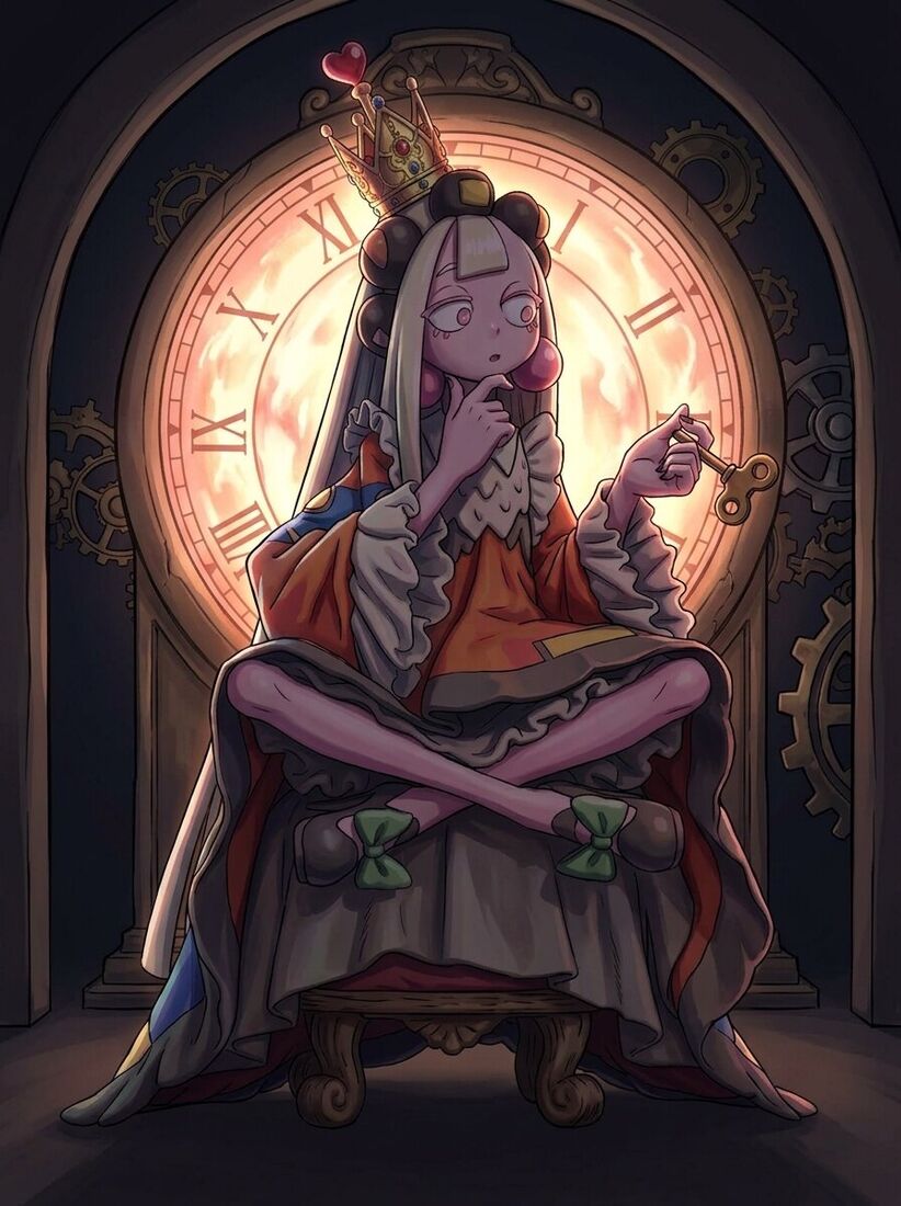 AI-generated illustration of a girl on a clock throne